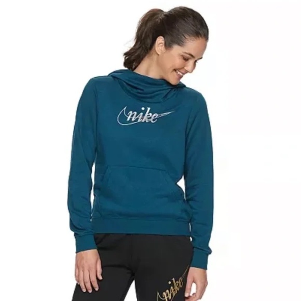 Nike Women's Teal and Glitter Silver Funnel Neck Pullover Hoodie Small